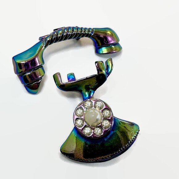 Jewelry - Phone Brooch, 2 Piece, Rhinestone, Iridescent,  Rotary Dial, Vintage
